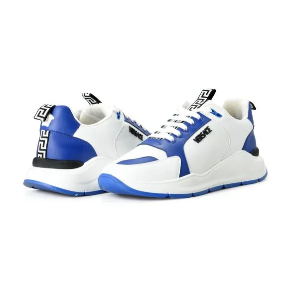 Versace Men's White & Blue Canvas Leather Logo Sneakers Shoes